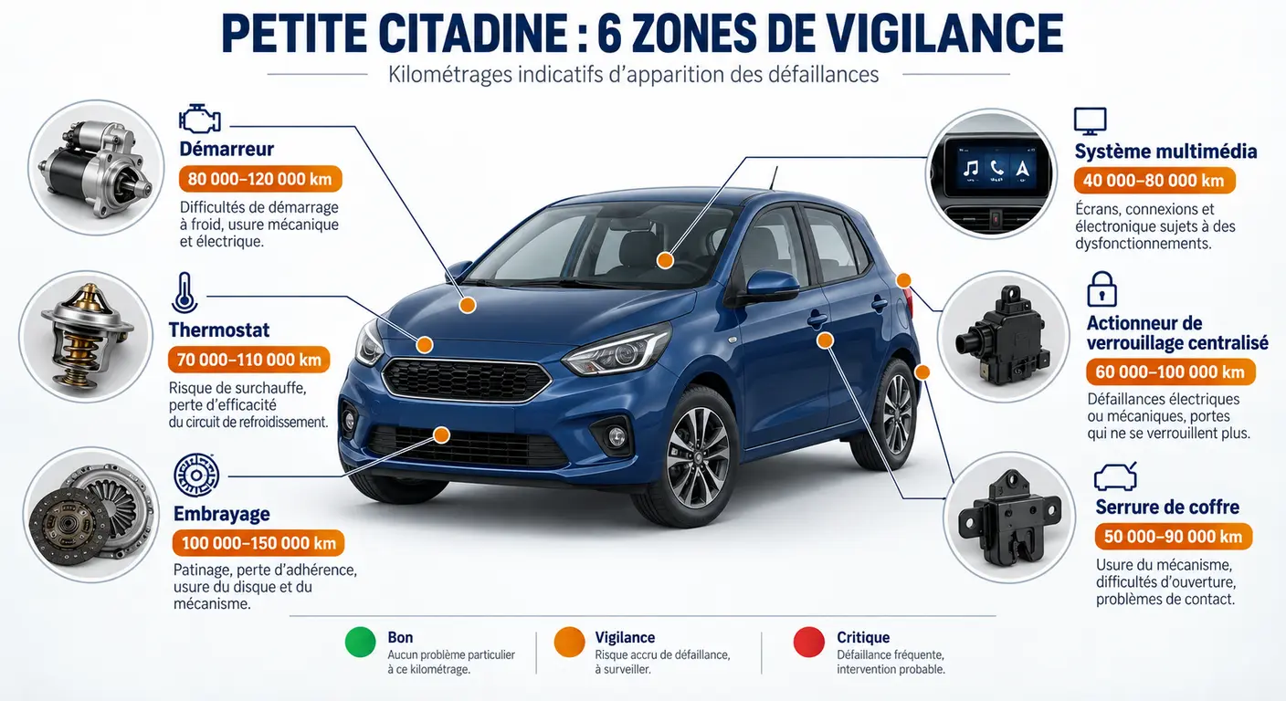 Schéma des six zones de panne les plus fréquentes sur une Hyundai i10 avec leur kilométrage d'apparition