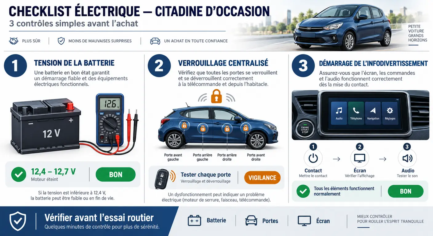 Séquence illustrée des trois gestes de contrôle électrique avant l'achat d'une Hyundai i10 d'occasion