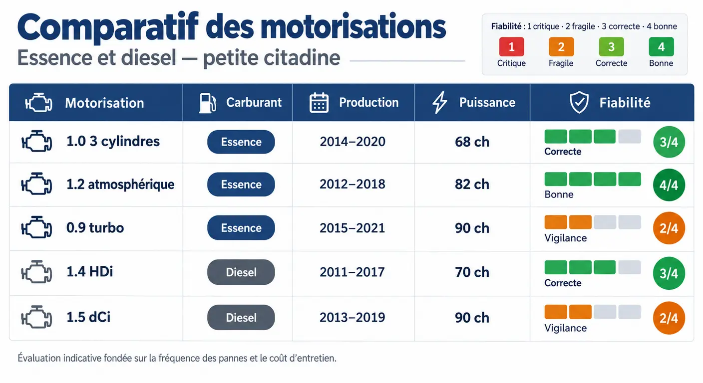 Comparatif des cinq motorisations de Hyundai i10 avec période, puissance et niveau de fiabilité