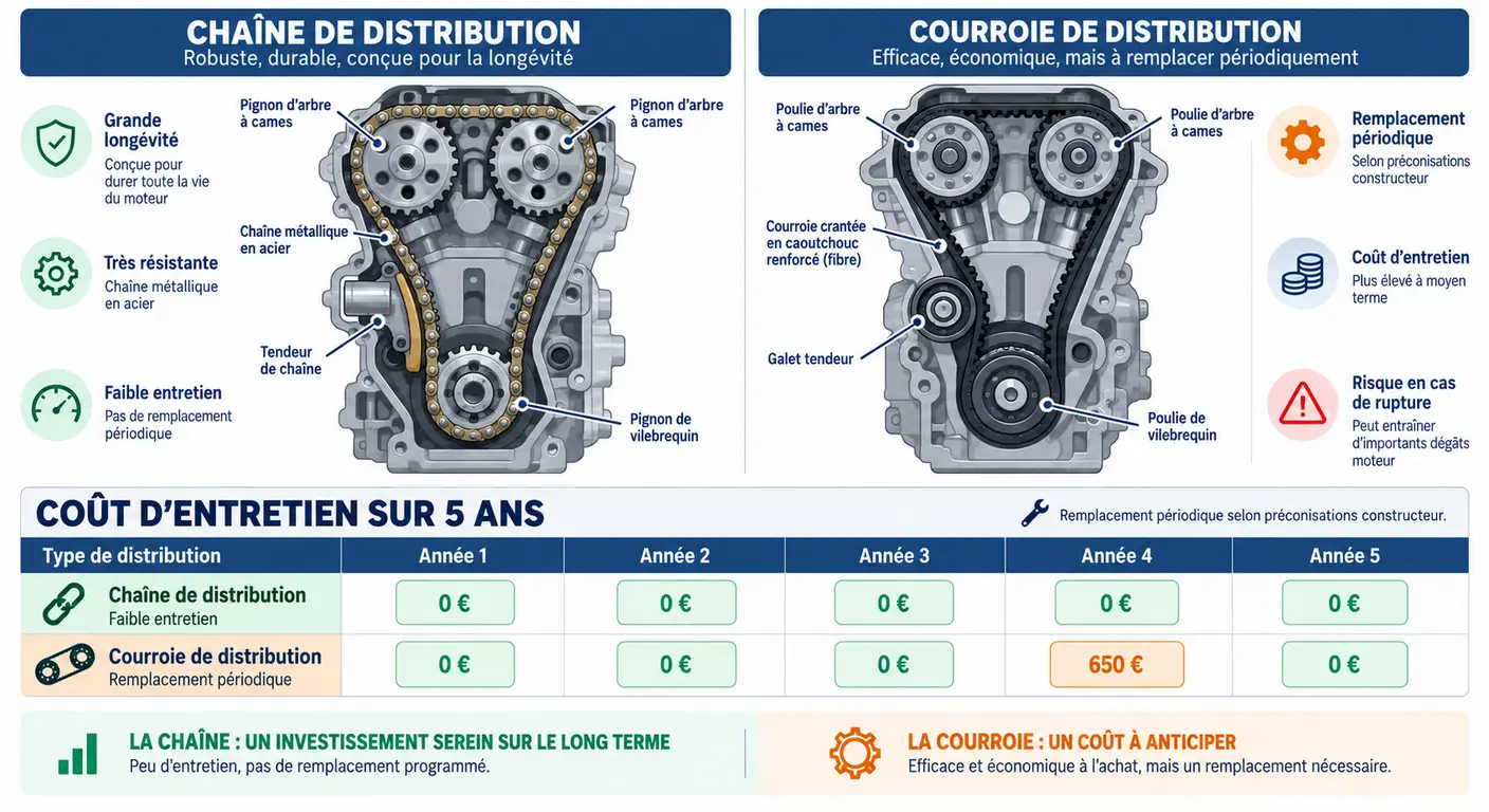 Illustration comparant chaîne et courroie de distribution avec le calendrier d'entretien associé sur cinq ans