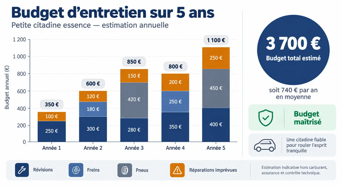 Histogramme du budget d'entretien d'une Hyundai i10 réparti par poste sur cinq ans