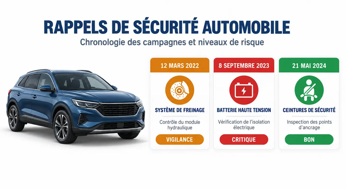 Infographie des trois campagnes de rappel recensées sur la Hyundai i10 avec leur niveau de risque