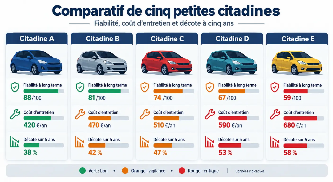 Comparatif de fiabilité, coût d'entretien et décote entre cinq citadines d'occasion