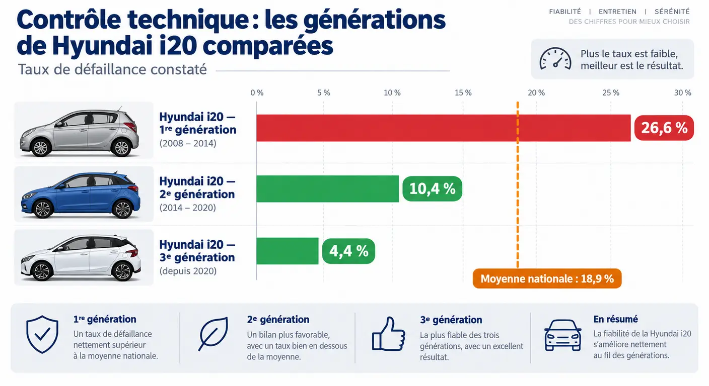 Comparaison du taux de contre-visite au contrôle technique des trois générations de Hyundai i20