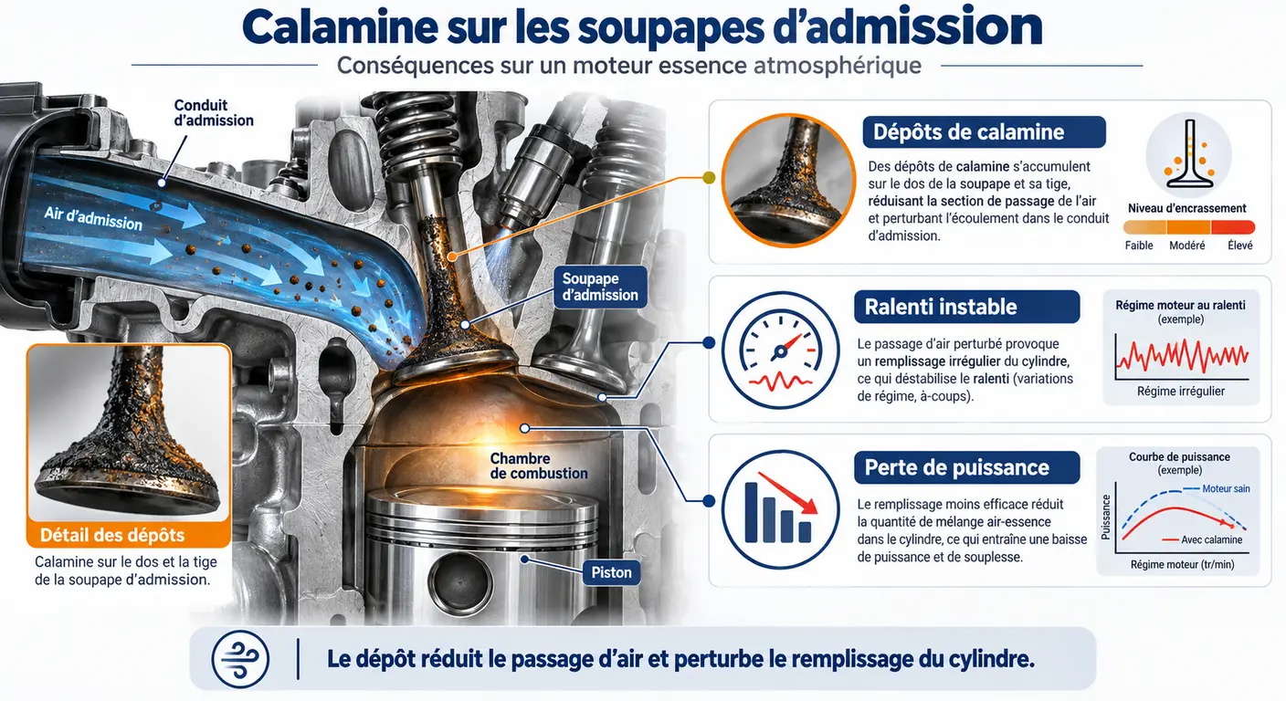 Schéma de l'encrassement des soupapes d'admission sur le moteur 1.2 essence 77 ch