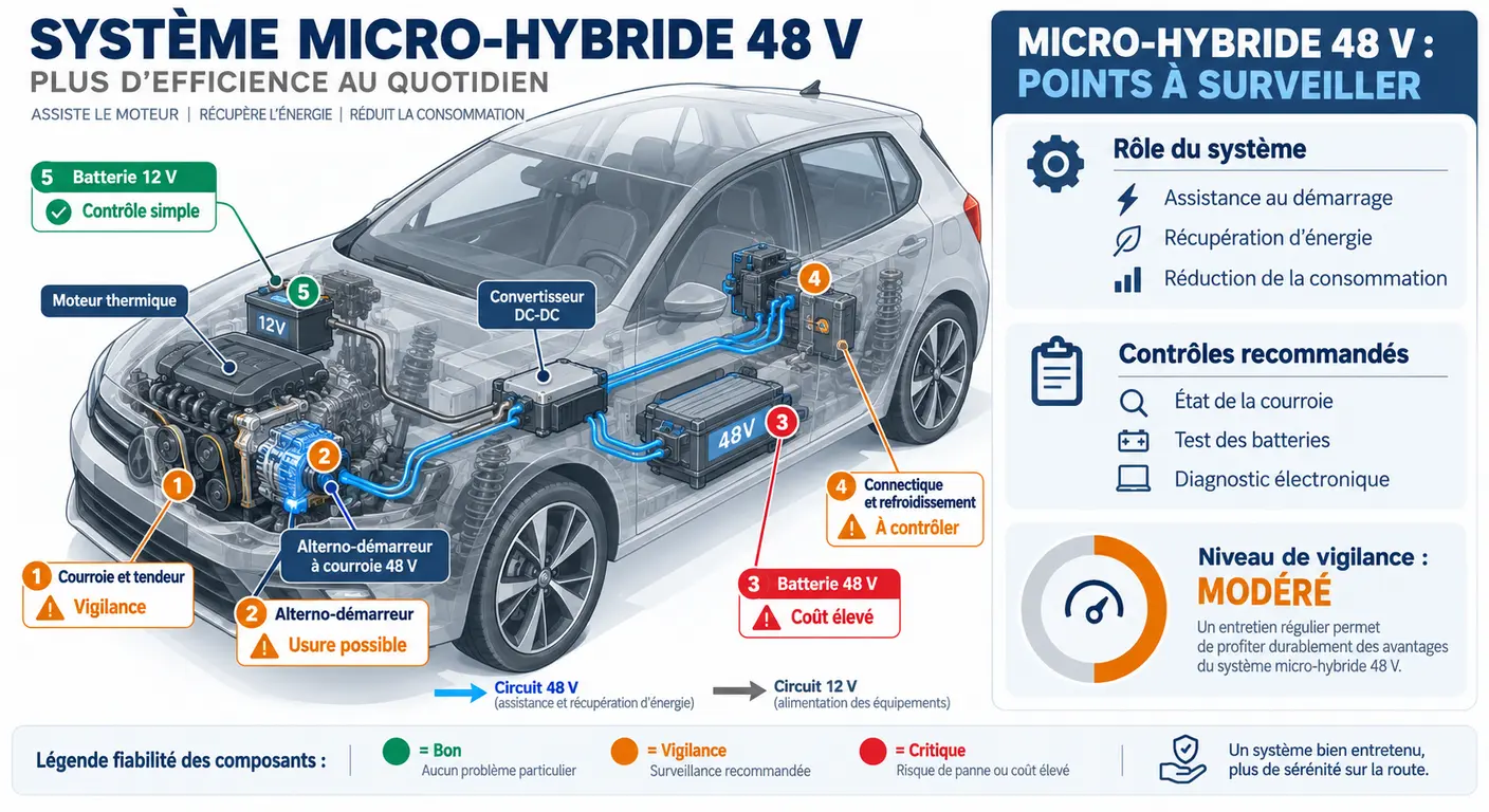Schéma du système de micro-hybridation 48 V et de ses points d'usure sur la Hyundai i20