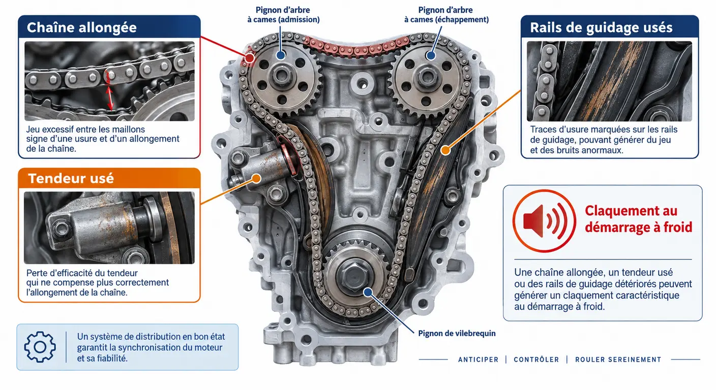 Schéma de l'usure du tendeur de chaîne de distribution sur le moteur 1.0 T-GDi