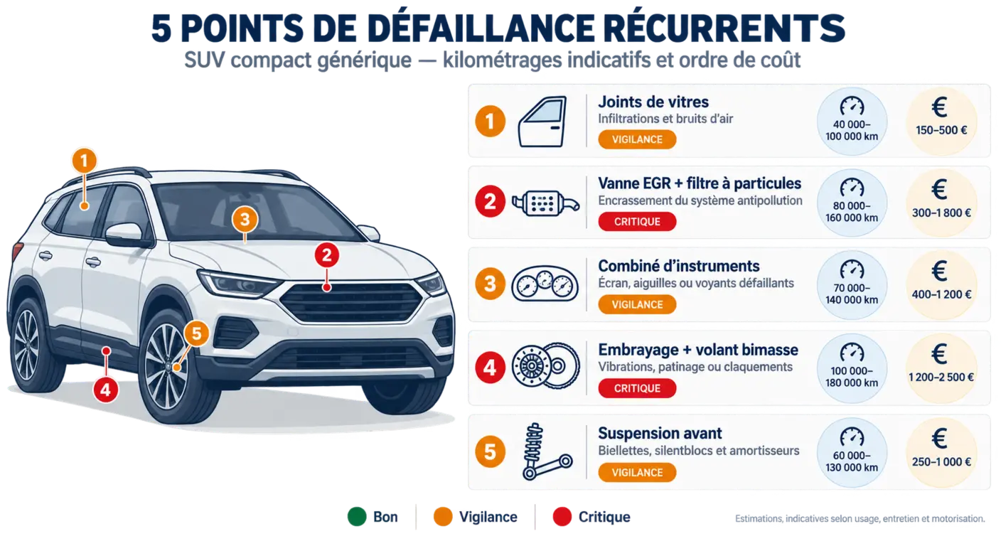 Infographie des cinq pannes récurrentes du Hyundai ix35 avec kilométrage et coût estimé