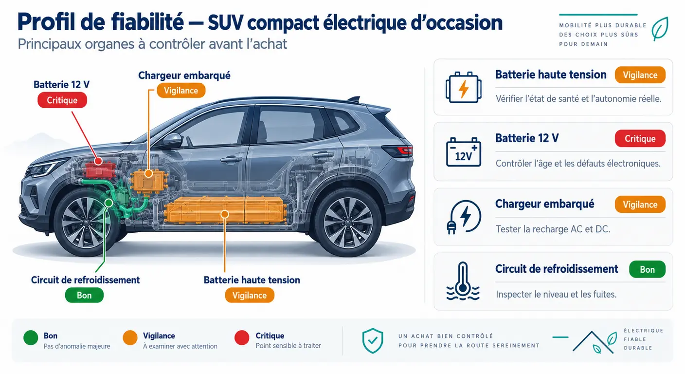 Infographie des quatre zones de risque de fiabilité du Hyundai Kona Electric d'occasion