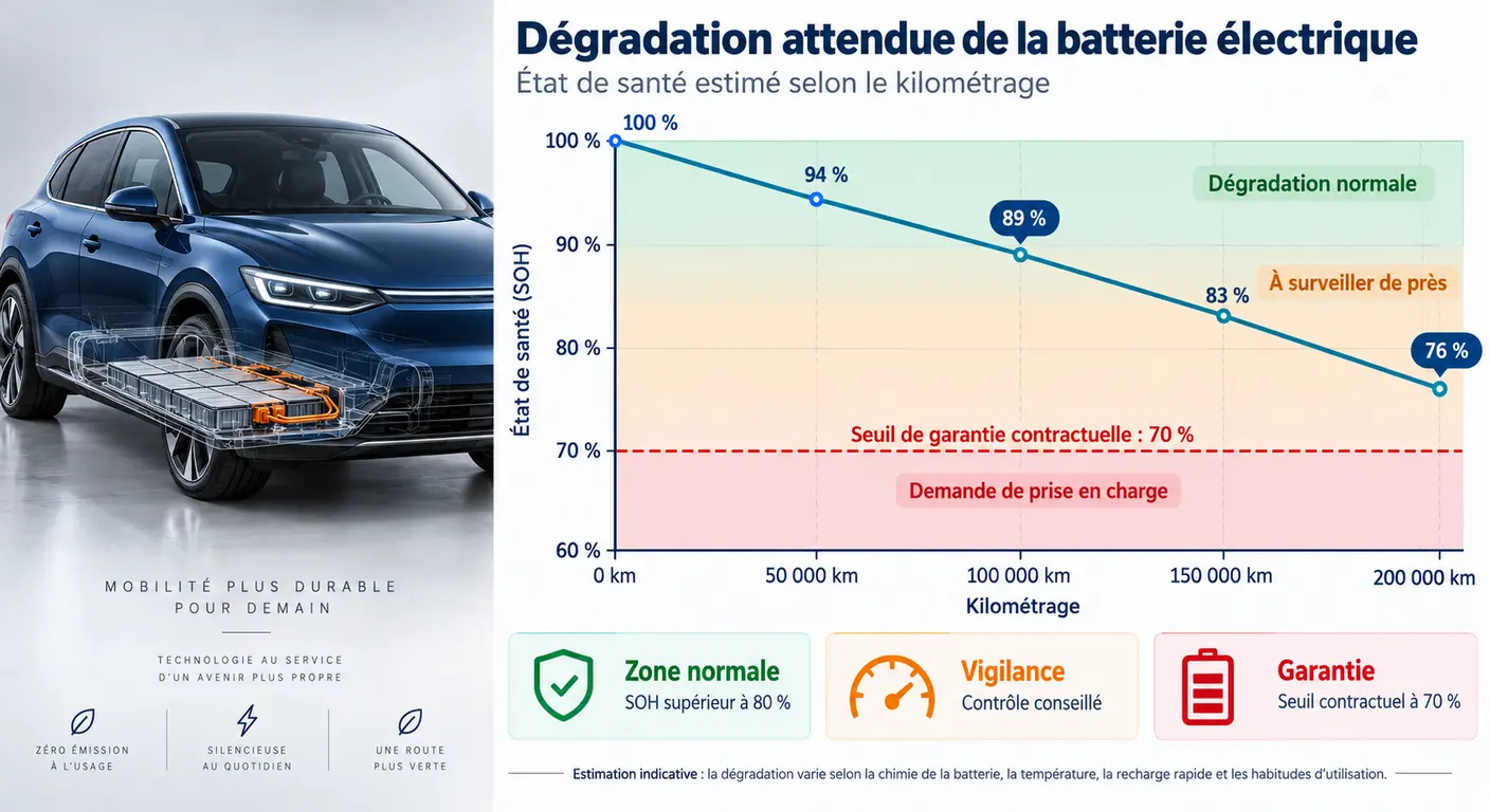 Courbe de dégradation attendue de la batterie du Kona Electric et seuil de garantie à 70 % de capacité