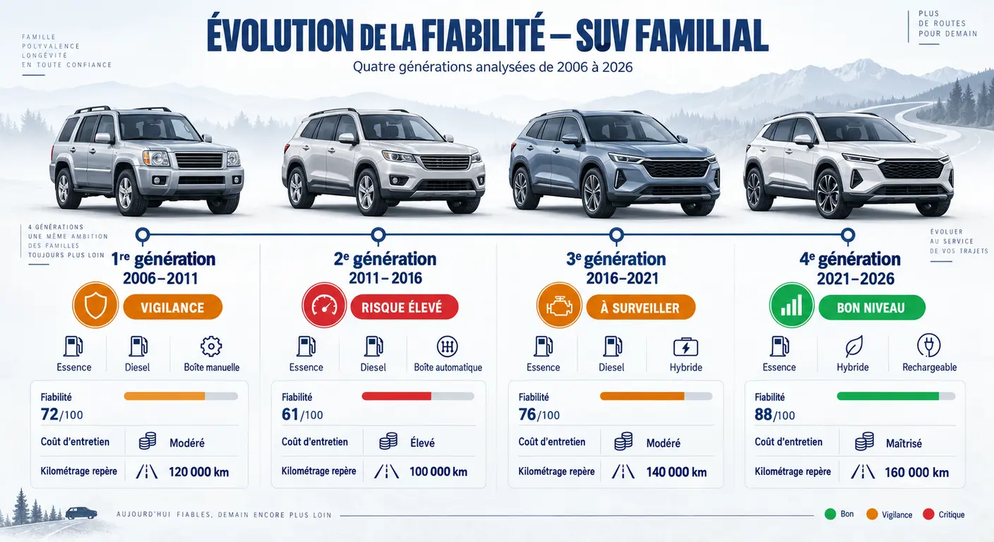 Frise des quatre générations du Hyundai Santa Fe de 2006 à 2026 avec le niveau de risque mécanique de chacune