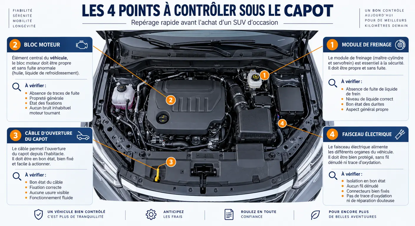Schéma du compartiment moteur du Santa Fe DM situant les quatre organes visés par des campagnes de rappel