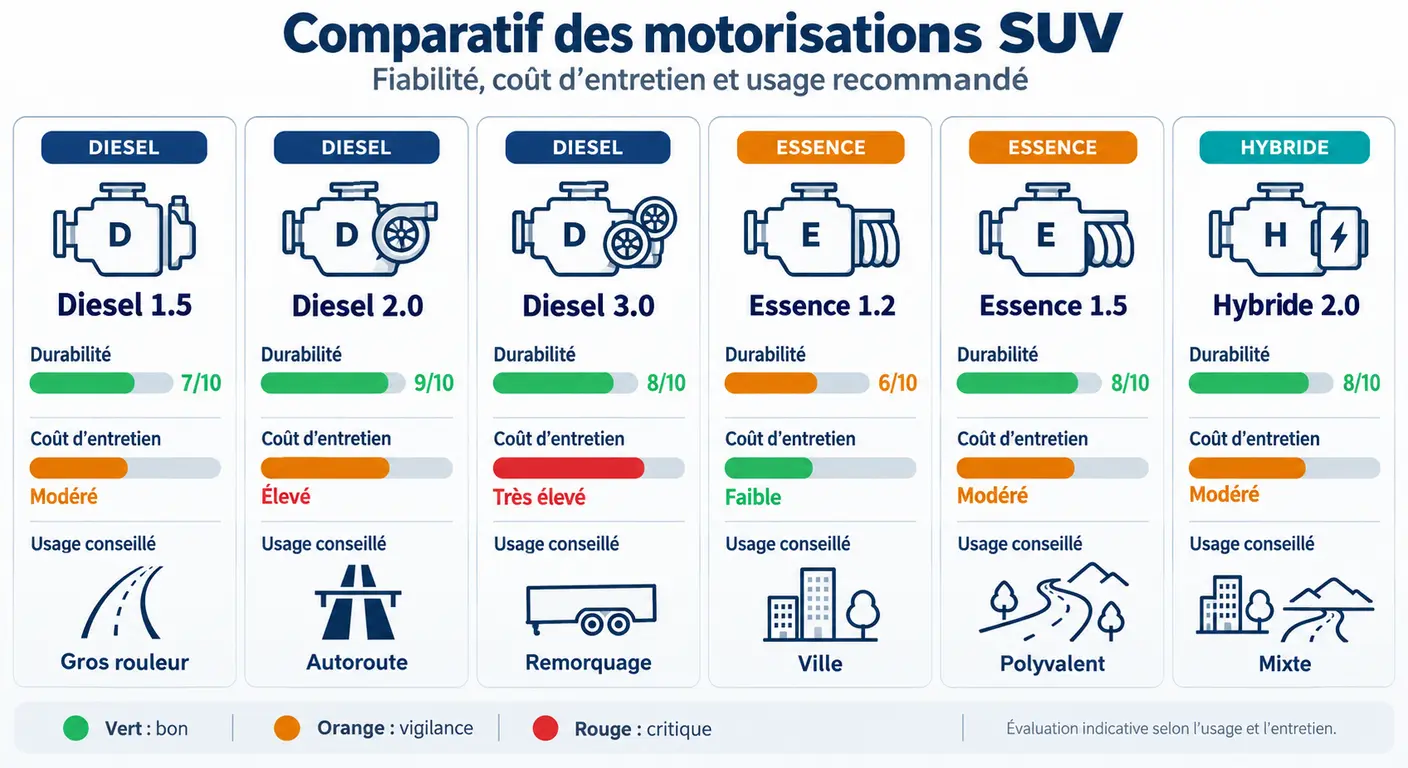 Comparatif visuel des six motorisations du Hyundai Santa Fe selon leur endurance, leur coût d'entretien et le profil d'usage recommandé