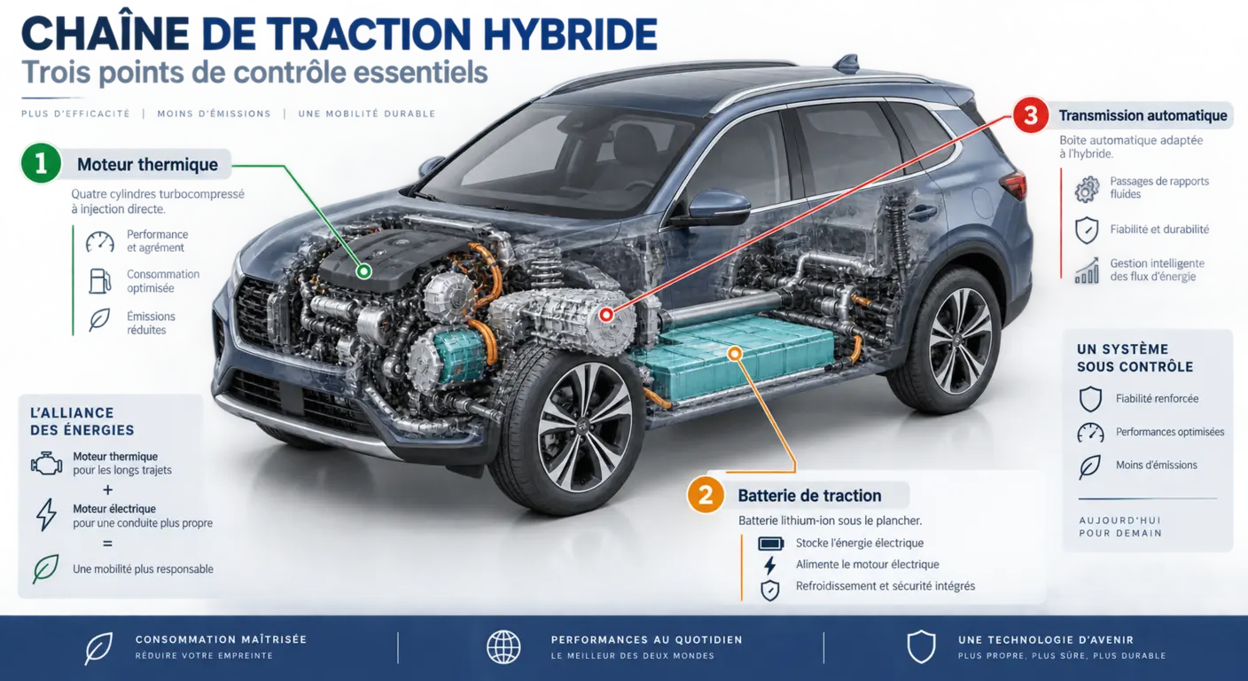 Schéma de la chaîne hybride du Santa Fe 1.6 T-GDi avec les trois points de contrôle à vérifier avant achat