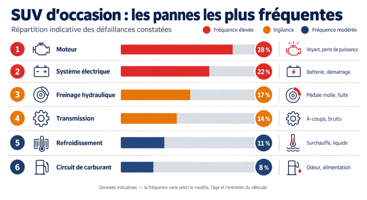Classement des organes les plus souvent signalés défaillants sur le Hyundai Santa Fe, du moteur au système de carburant