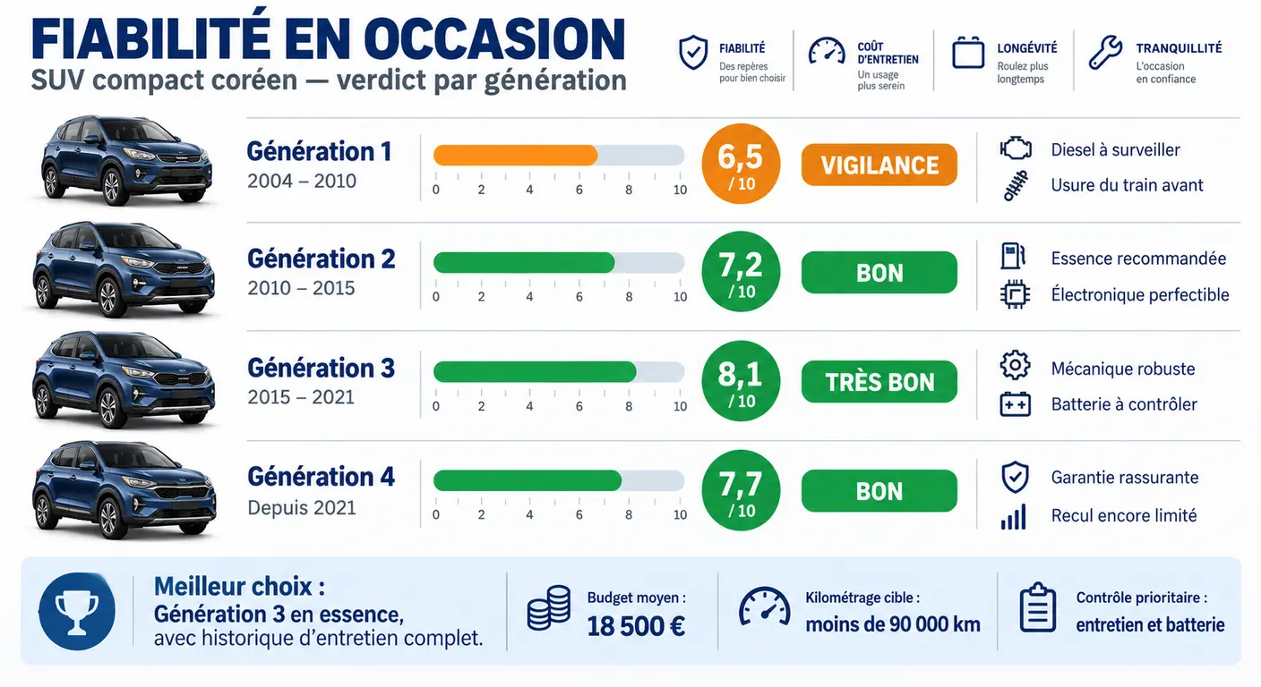 Infographie du verdict de fiabilité du Hyundai Tucson par génération, score sur dix