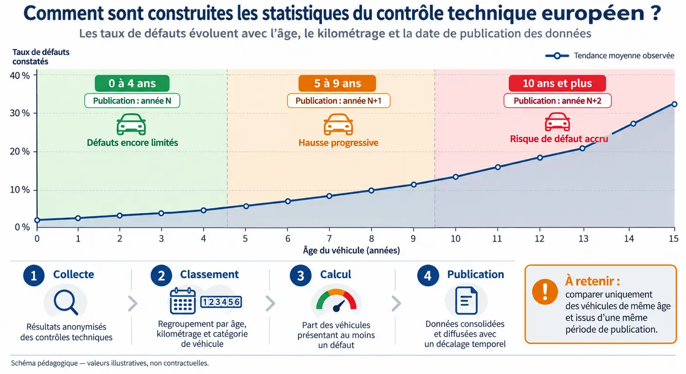 Infographie expliquant la lecture des relevés de contrôle technique européens et du taux de défauts selon l'âge du véhicule