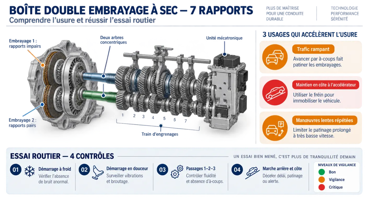 Infographie du fonctionnement de la boîte à double embrayage à sept rapports et de son protocole d'essai