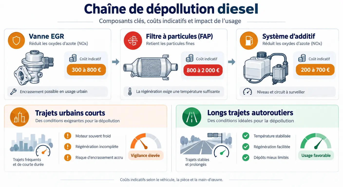 Infographie des organes de dépollution diesel du Hyundai Tucson et de leur coût de remise en état