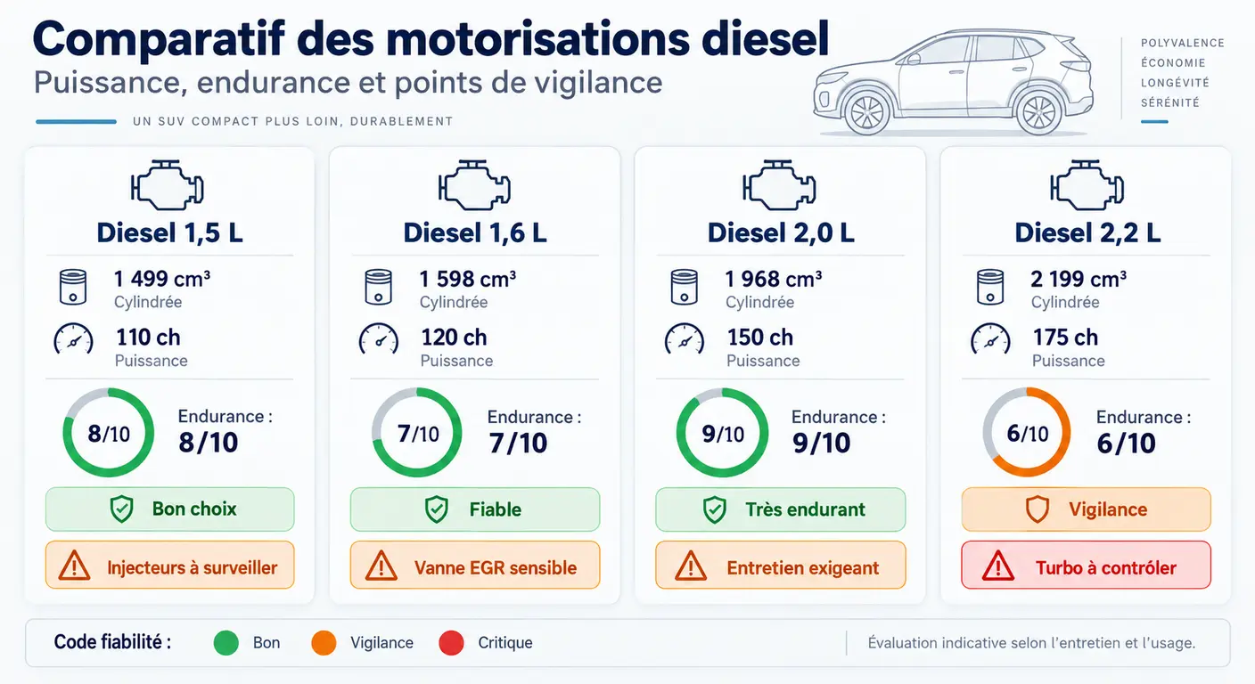 Infographie comparative des quatre motorisations diesel CRDi du Hyundai Tucson