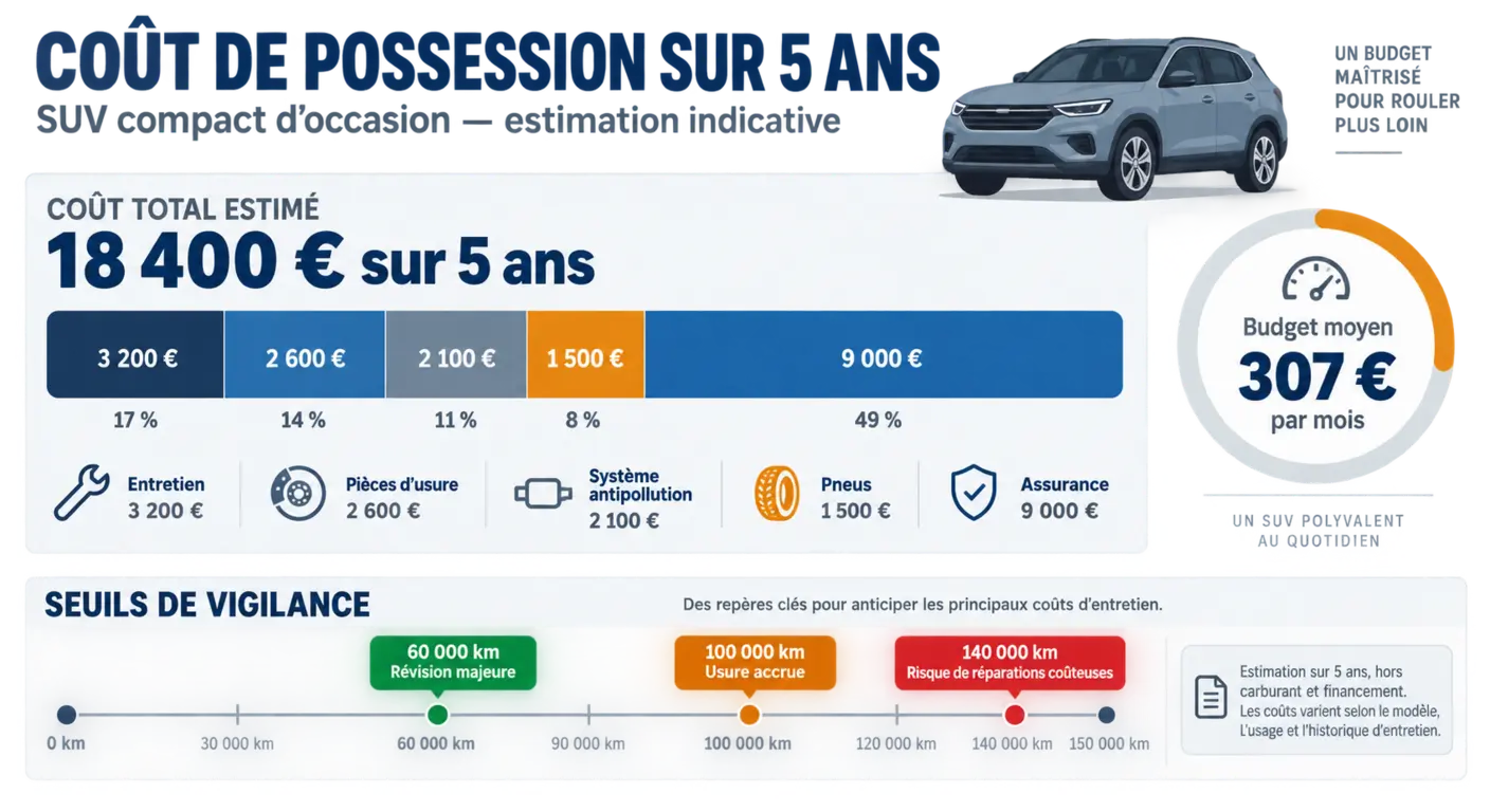 Infographie du budget de possession sur cinq ans d'un Hyundai Tucson d'occasion et des seuils de kilométrage