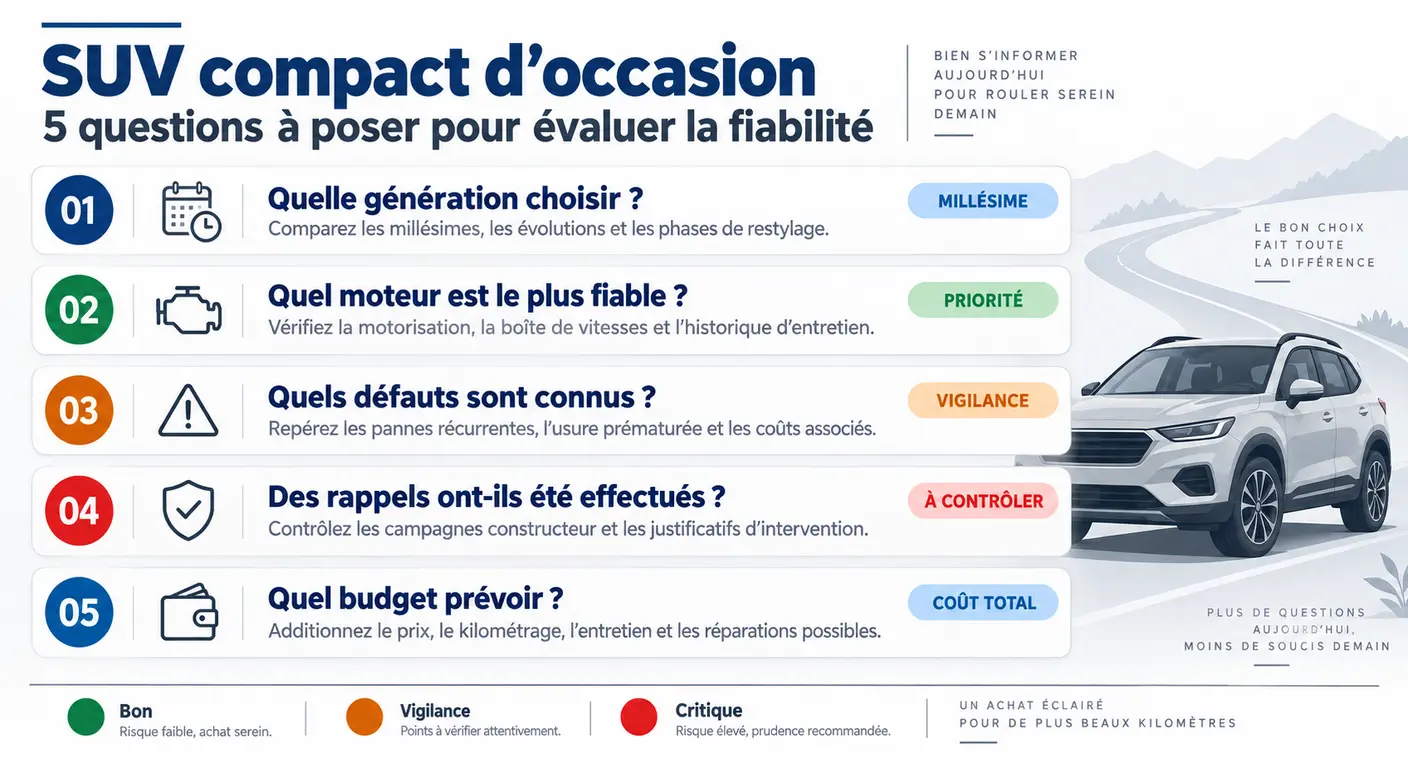 Infographie des cinq questions traitées par l'article sur la fiabilité du Hyundai Tucson d'occasion