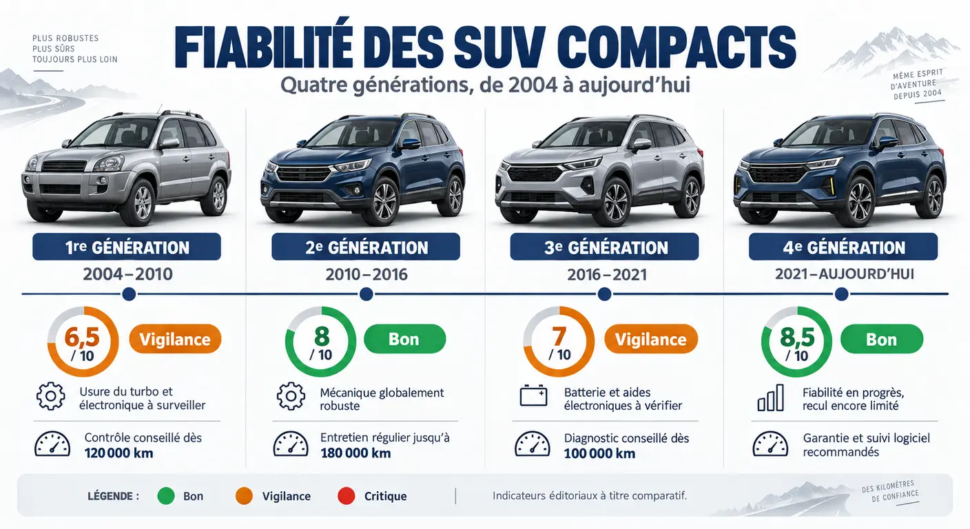 Frise chronologique des générations de Hyundai Tucson avec le niveau de risque mécanique de chacune