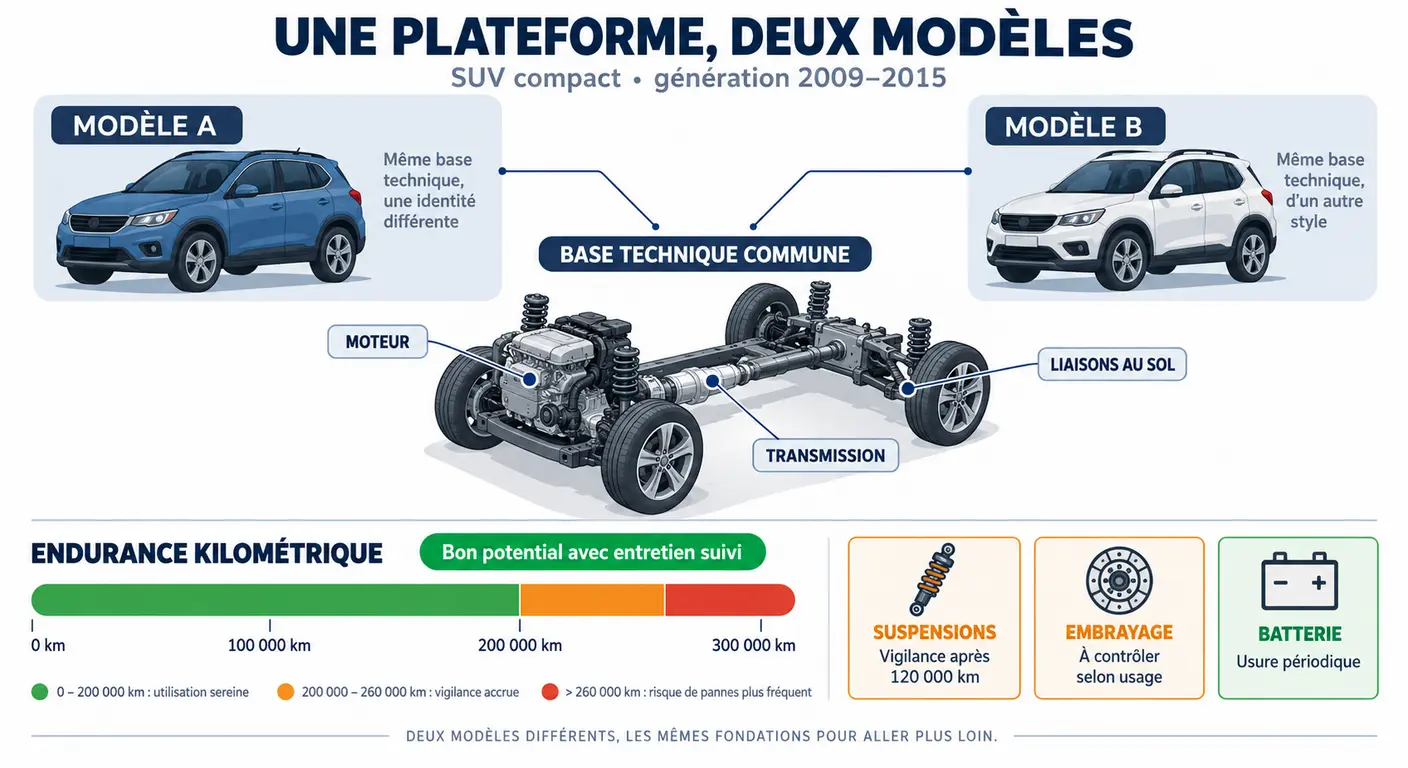 Infographie montrant que le Tucson et l'ix35 de 2009 à 2015 partagent la même base technique