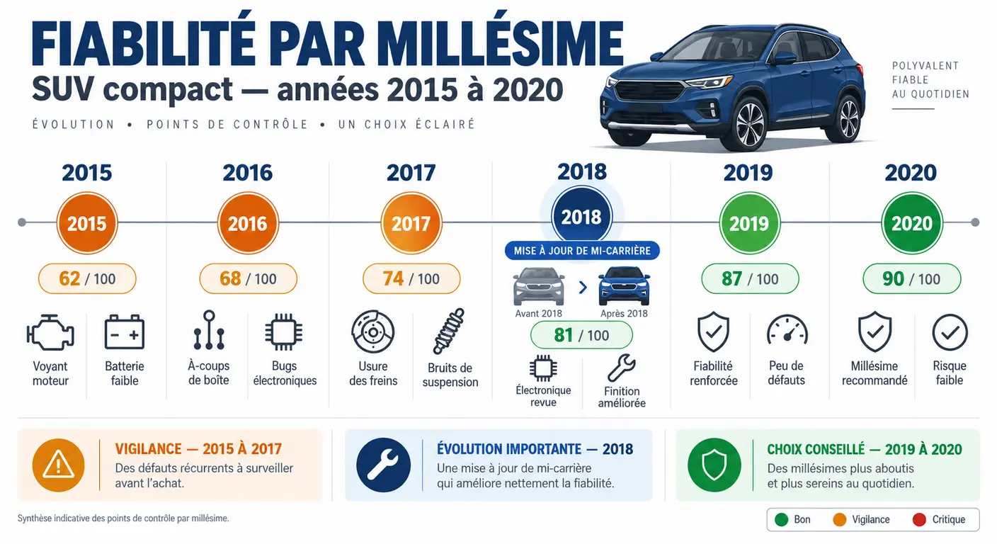 Infographie des millésimes 2015 à 2020 du Hyundai Tucson avec les défauts documentés et la mise à jour de mi-carrière