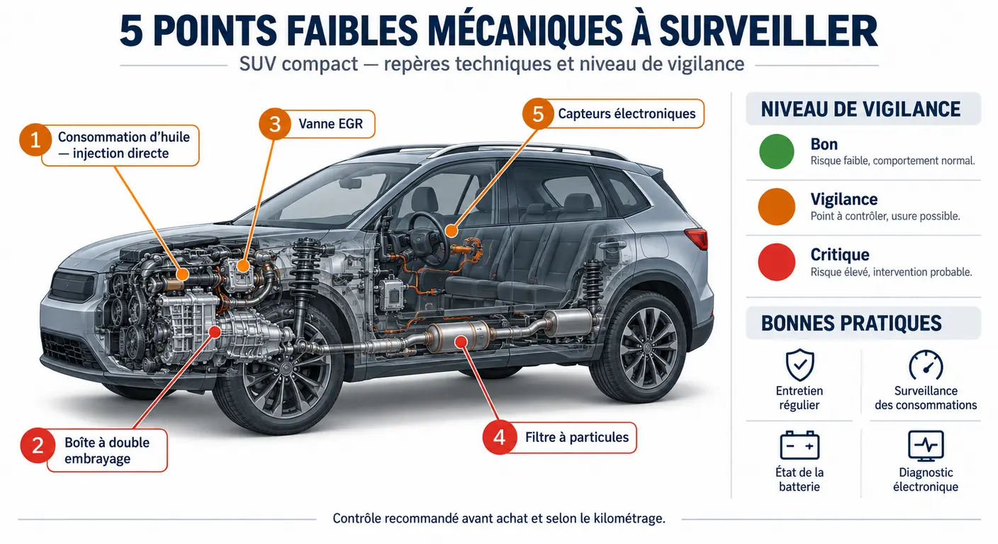 Infographie des cinq points faibles mécaniques documentés sur le Hyundai Tucson