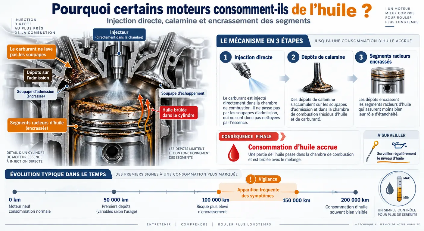Infographie expliquant le mécanisme de consommation d'huile sur un moteur essence à injection directe et son seuil d'apparition