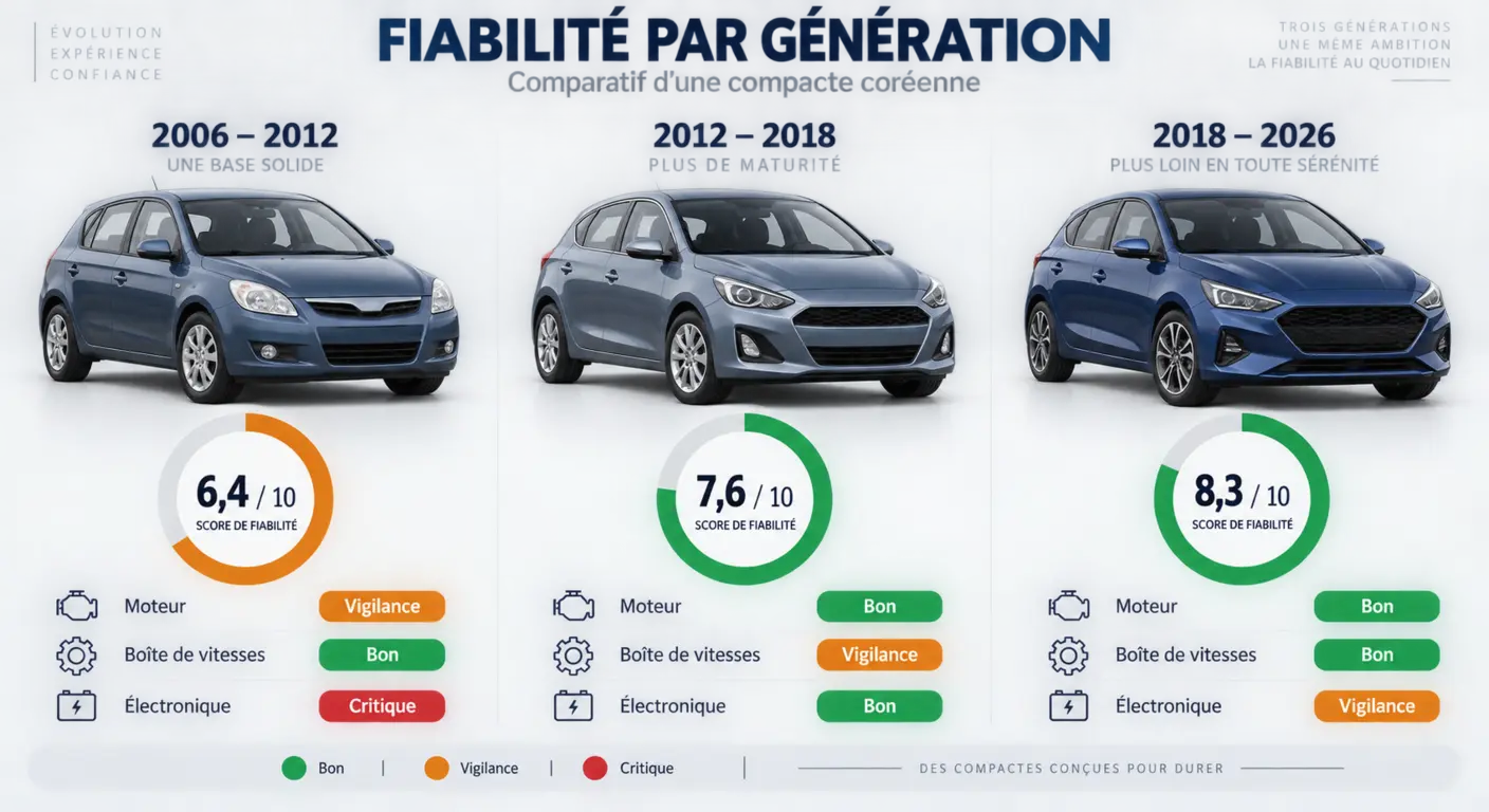 Comparaison des notes de fiabilité des trois générations de Kia Ceed sur une échelle unique