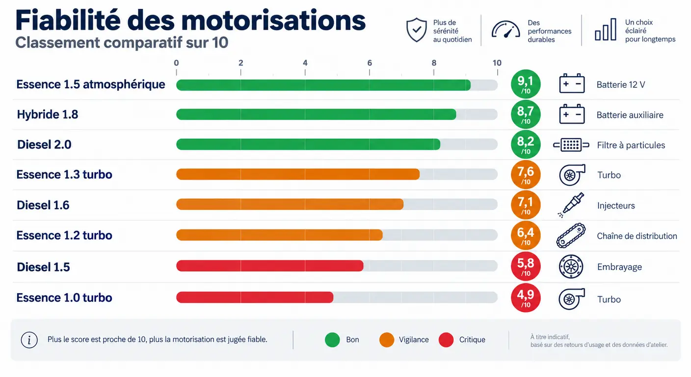Classement de fiabilité des huit motorisations de la Kia Ceed avec leur point faible principal