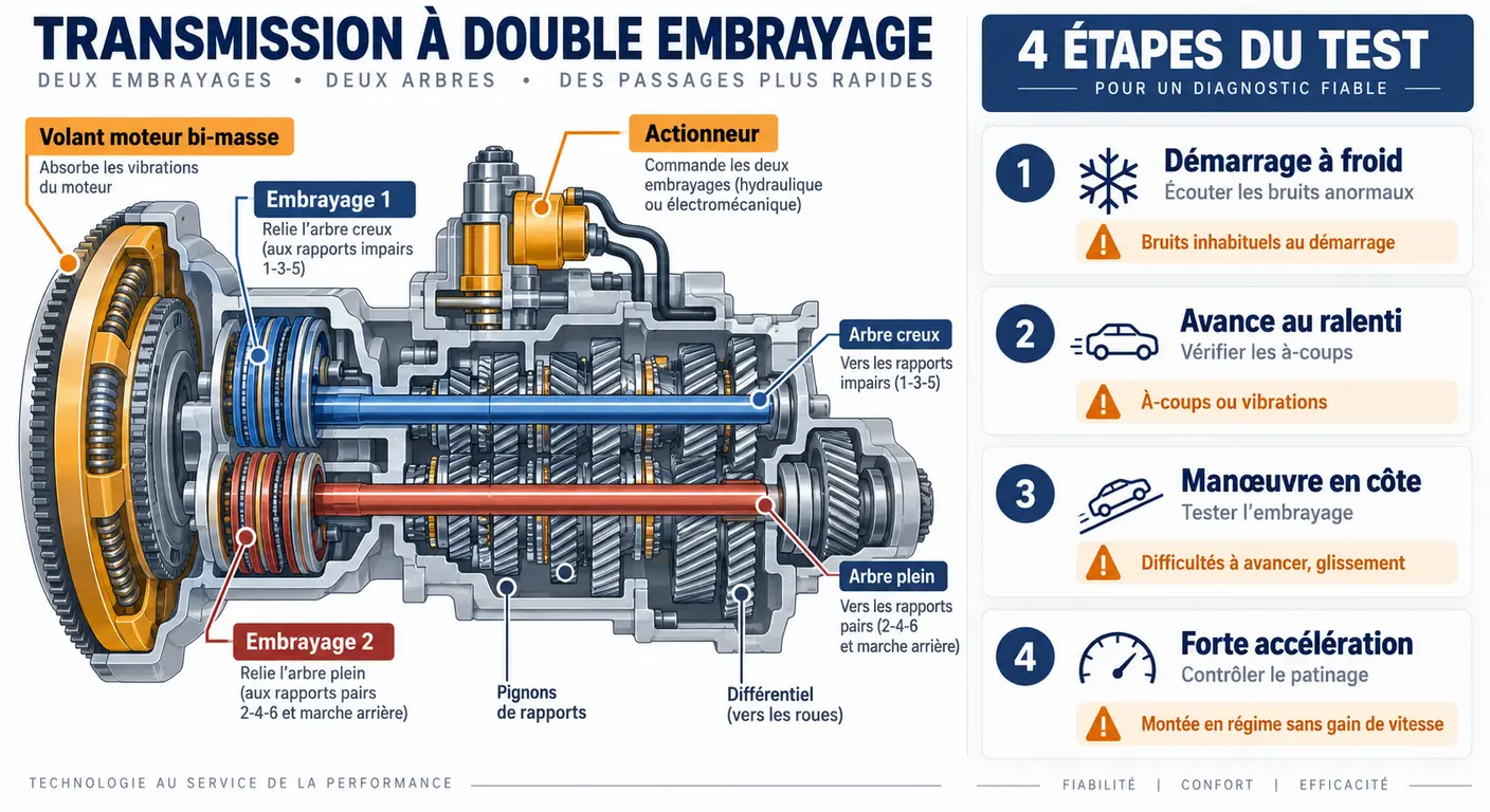 Schéma de la boîte double embrayage DCT7 et protocole d'essai en quatre étapes