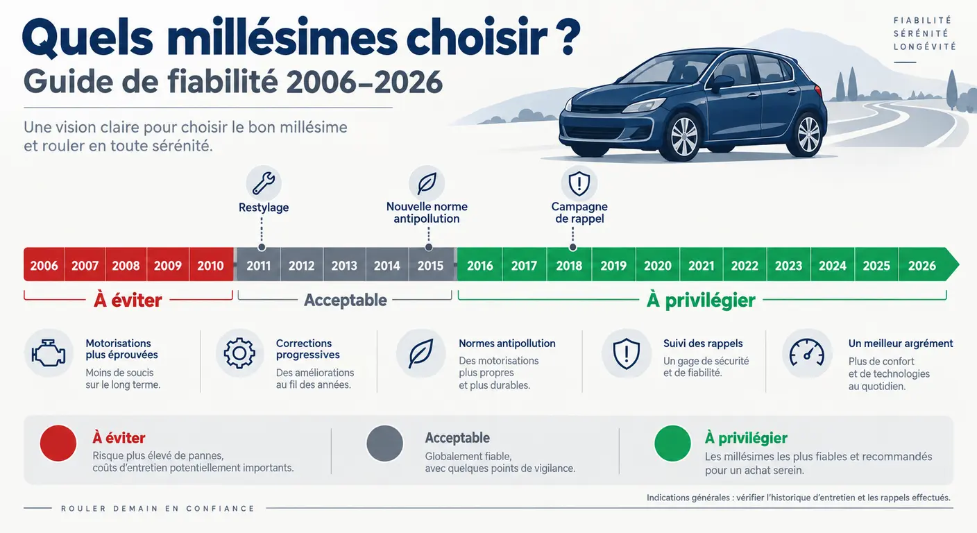 Frise des millésimes de la Kia Ceed de 2006 à 2026 avec années à éviter et à privilégier