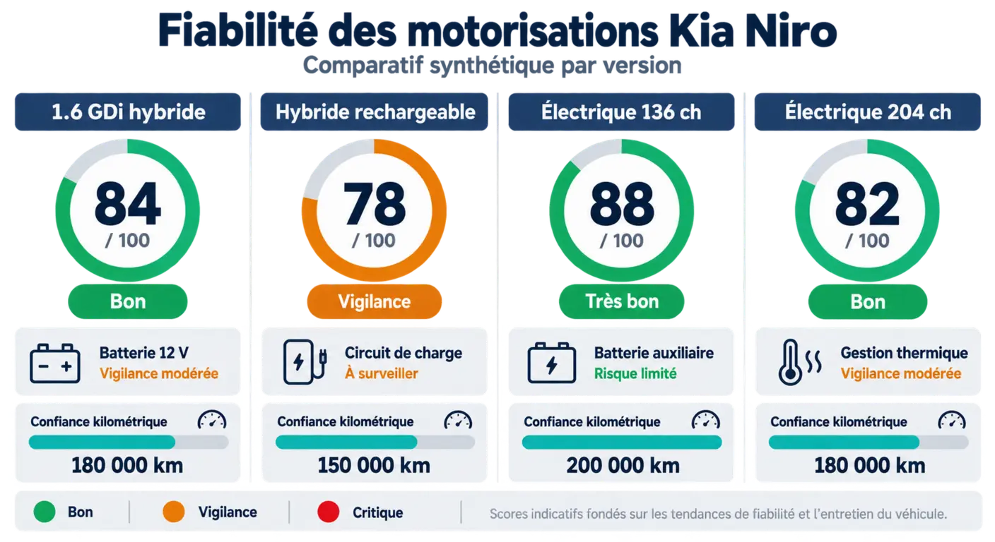 Infographie comparant la fiabilité des quatre motorisations du Kia Niro