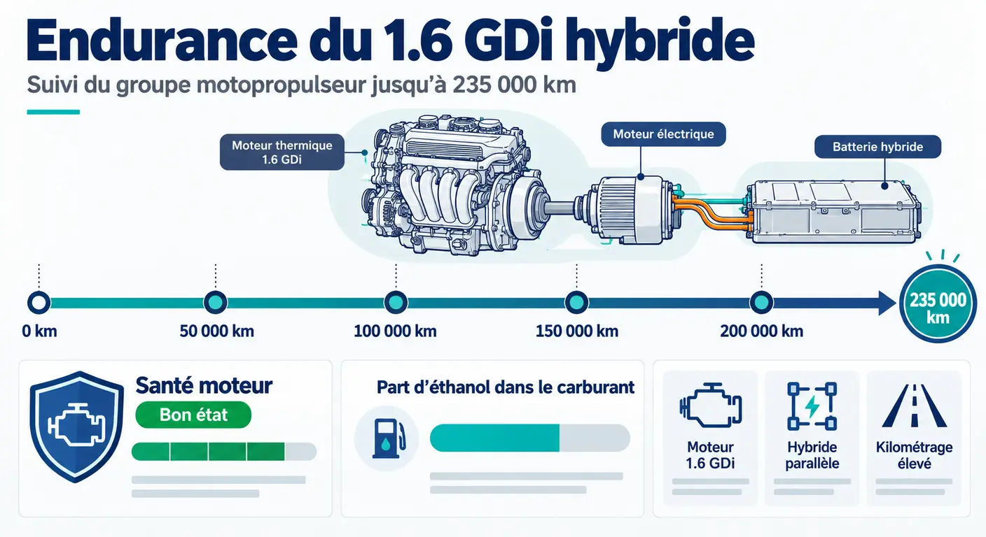 Infographie illustrant l'endurance kilométrique de l'hybride 1.6 GDi 141 ch du Kia Niro