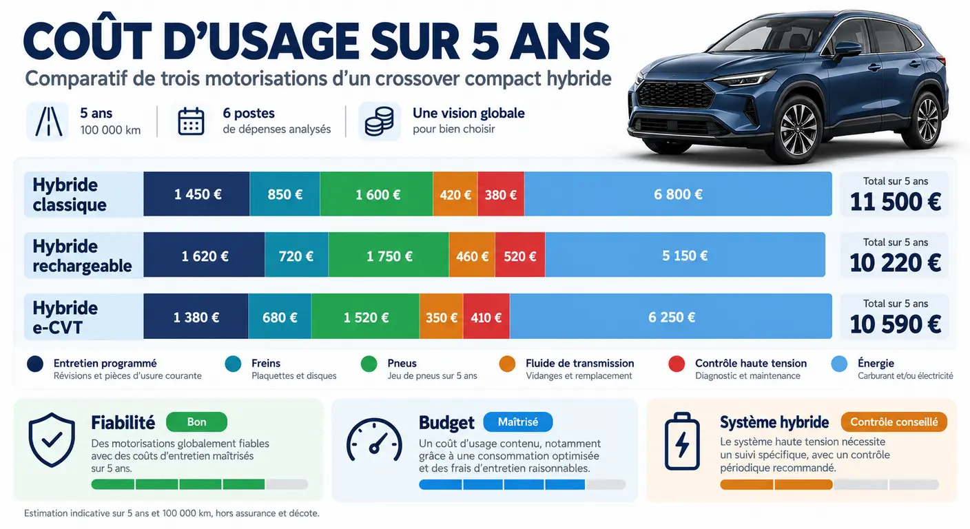 Infographie du budget d'entretien du Kia Niro sur cinq ans par motorisation