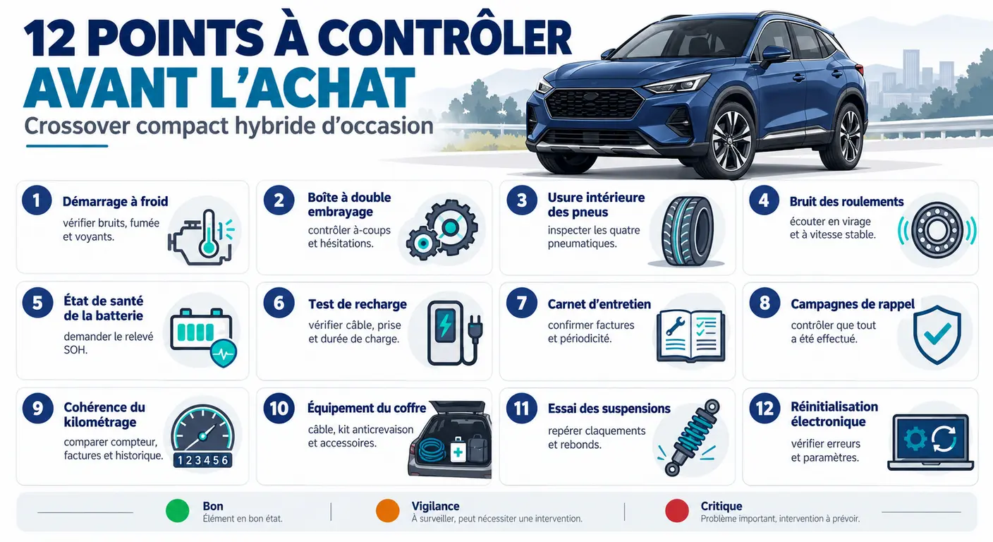 Infographie des douze points de contrôle à vérifier sur un Kia Niro d'occasion