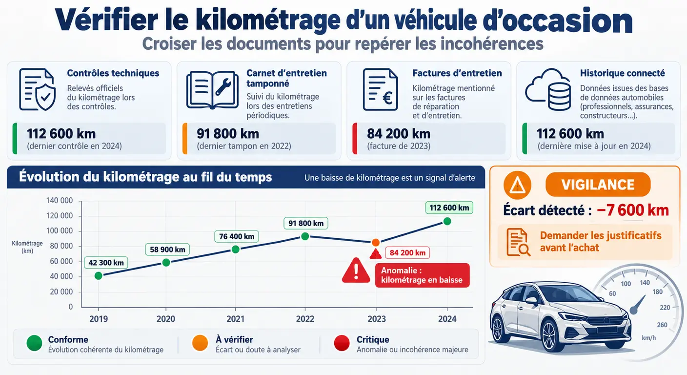 Infographie du recoupement du kilométrage d'un Kia Niro avec les sources documentaires disponibles