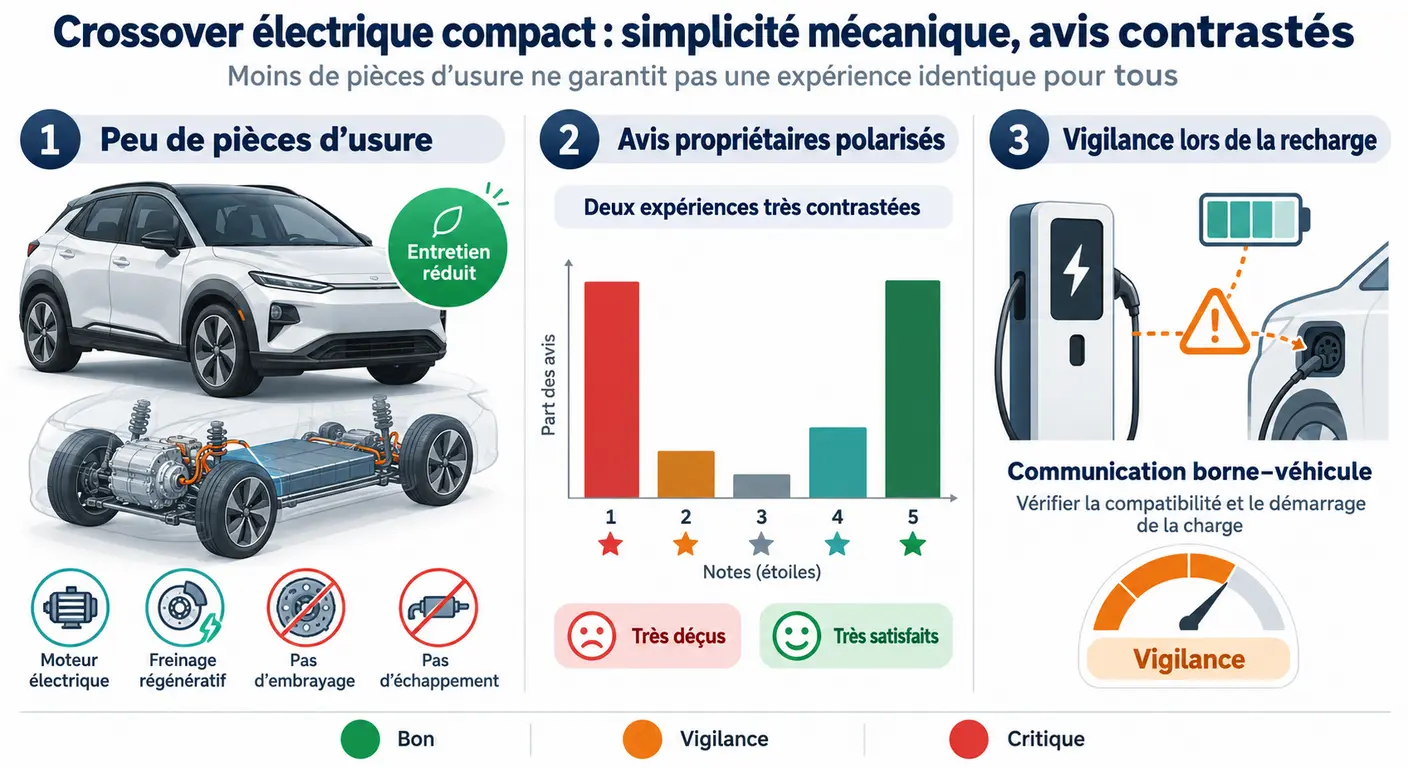 Infographie opposant la simplicité mécanique du Kia e-Niro à la polarisation des avis propriétaires