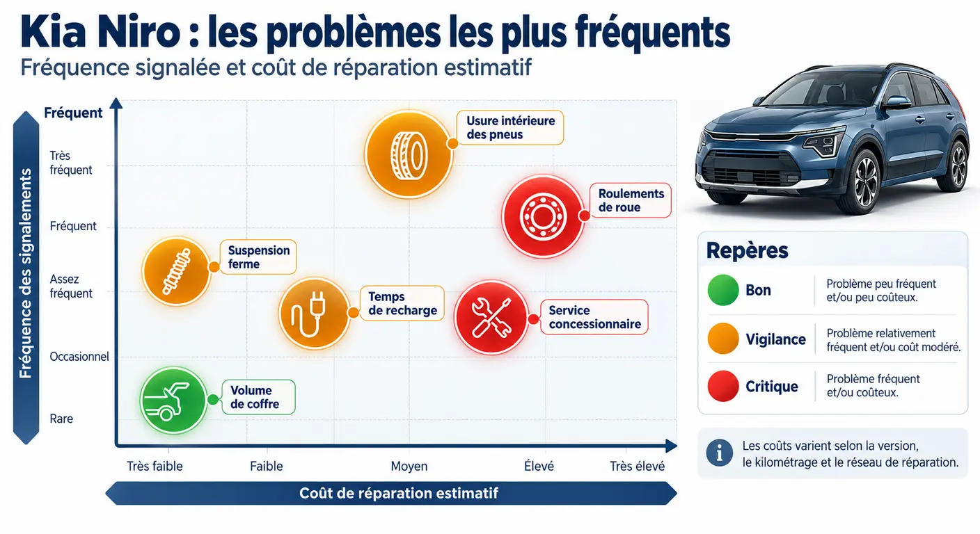 Infographie des problèmes les plus fréquents du Kia Niro classés par fréquence et coût de réparation