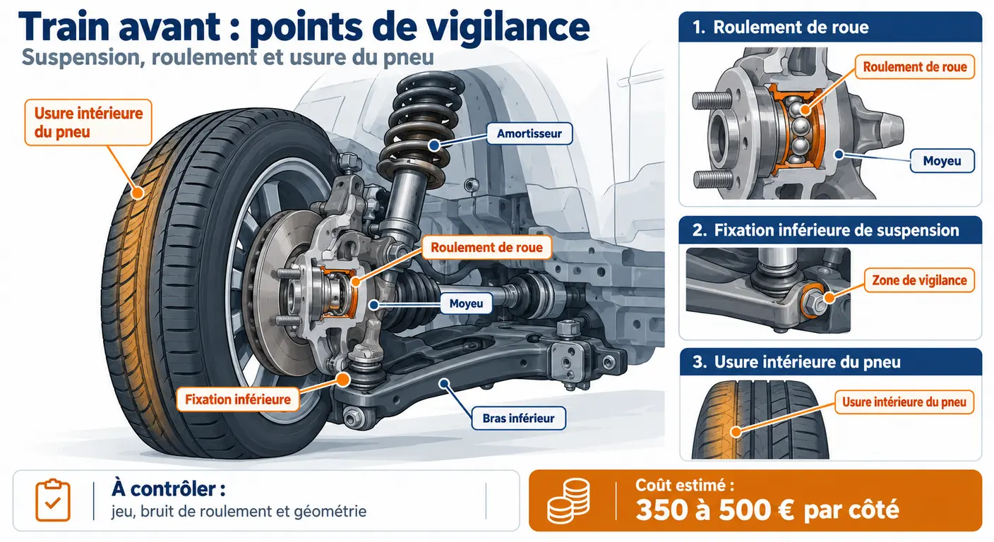 Schéma du train avant du Kia Niro localisant les roulements et l'usure intérieure des pneumatiques