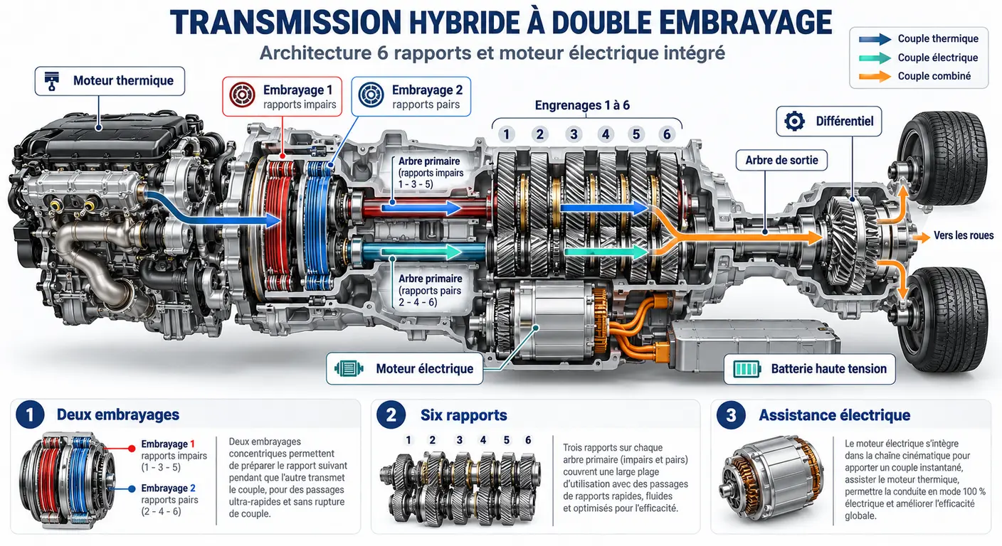 Schéma du fonctionnement de la boîte à double embrayage 6 rapports du Kia Niro hybride