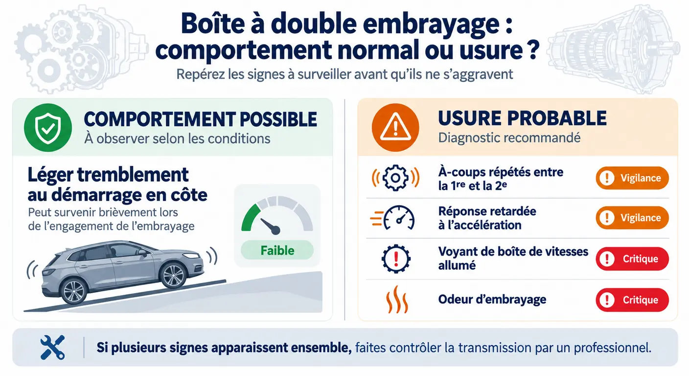 Infographie distinguant les symptômes normaux et les symptômes d'usure de la boîte DCT du Kia Niro