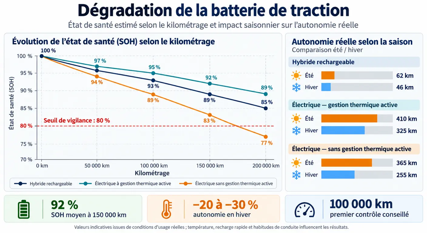 Infographie de la dégradation de la batterie de traction du Kia Niro selon le kilométrage