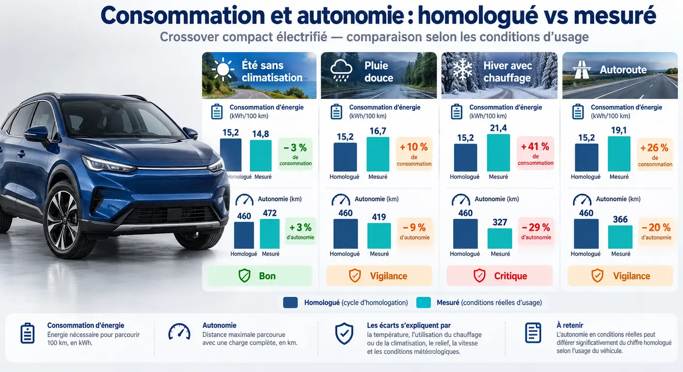Graphique comparant l'autonomie homologuée et l'autonomie réelle du Kia Niro selon les conditions