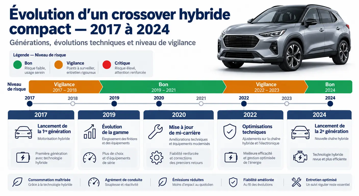 Frise chronologique des millésimes du Kia Niro et de leur niveau de risque en occasion