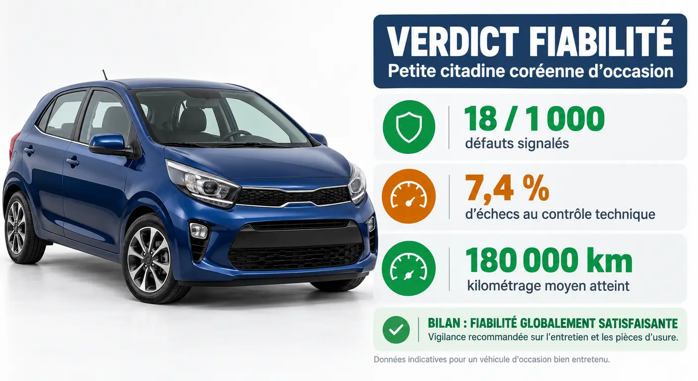 Infographie des trois indicateurs clés de fiabilité de la Kia Picanto d'occasion