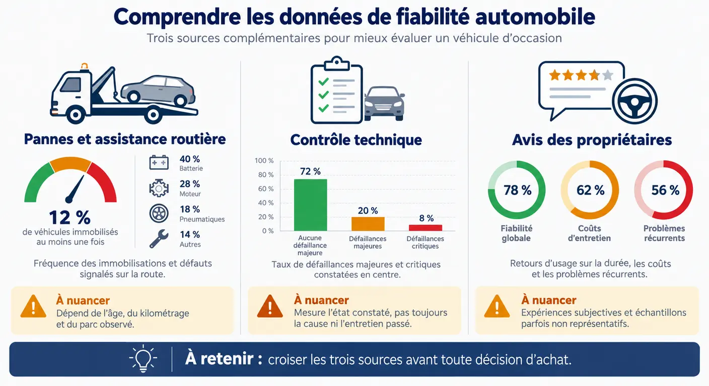 Infographie des trois familles de données utilisées pour mesurer la fiabilité d'une voiture d'occasion